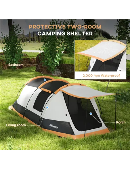Outsunny Three-Man Camping Tent, with Two Rooms and Porch - Orange