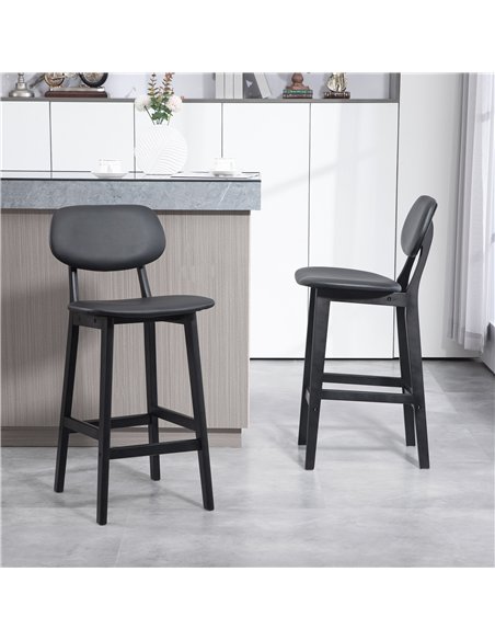 HOMCOM Set of Two Wooden Classic Bar Stools, with Faux Leather Seats - Black