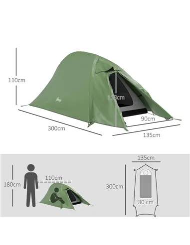 Outsunny Double Layer Camping Tent, 1-2 Man Backpacking Tent with Carry Bag, 2000mm Waterproof and Lightweight, Green