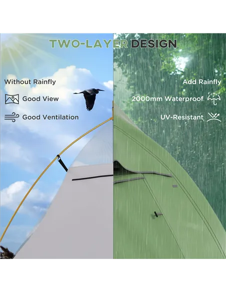 Outsunny Double Layer Camping Tent, 1-2 Man Backpacking Tent with Carry Bag, 2000mm Waterproof and Lightweight, Green