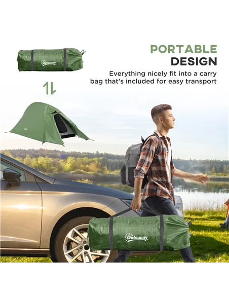 Outsunny Double Layer Camping Tent, 1-2 Man Backpacking Tent with Carry Bag, 2000mm Waterproof and Lightweight, Green