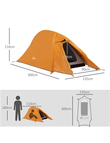 Outsunny Double Layer Camping Tent, 1-2 Man Backpacking Tent with Carry Bag, 2000mm Waterproof and Lightweight, Orange