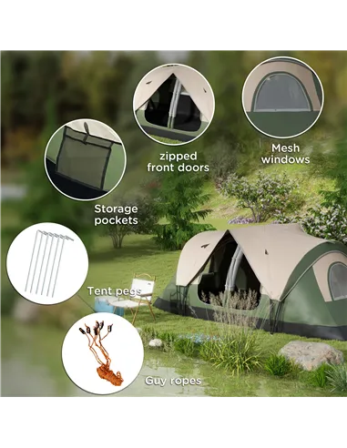 Outsunny Camping Tent for 6-8 Man with 2000mm Waterproof Rainfly and Carry Bag for Fishing Hiking Festival, Dark Green