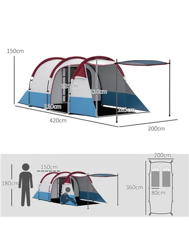 Outsunny Camping Tent, Large Tunnel Tent with Bedroom and Living Area, 2000mm Waterproof, Portable with Bag for 2-3 Man, Red