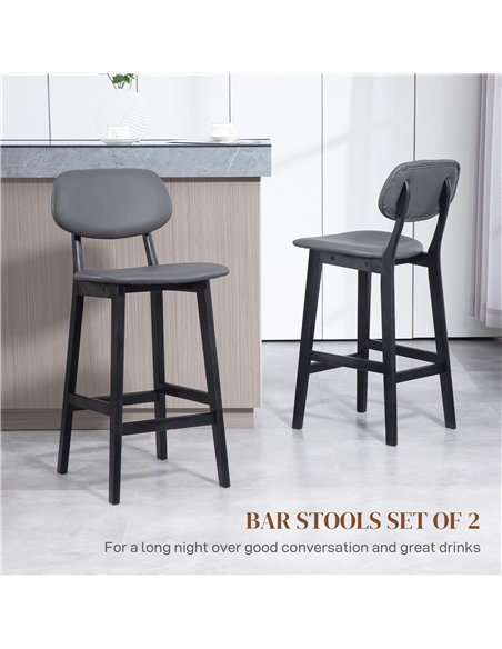 HOMCOM Bar Stools Set of 2, Breakfast Bar Chairs, PU Leather Upholstered Kitchen Stools with Backs, Footrests and Solid Wood Leg