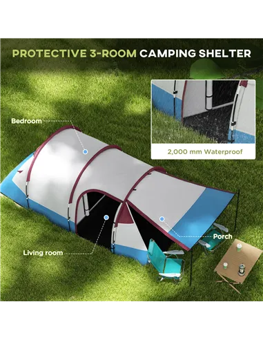 Outsunny Camping Tent, Large Tunnel Tent with Bedroom and Living Area, 2000mm Waterproof, Portable with Bag for 2-3 Man, Red
