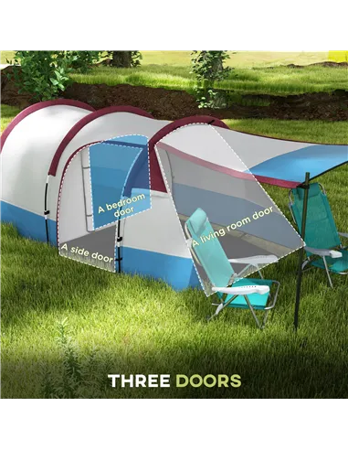 Outsunny Camping Tent, Large Tunnel Tent with Bedroom and Living Area, 2000mm Waterproof, Portable with Bag for 2-3 Man, Red