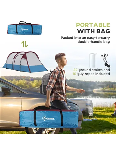 Outsunny Camping Tent, Large Tunnel Tent with Bedroom and Living Area, 2000mm Waterproof, Portable with Bag for 2-3 Man, Red