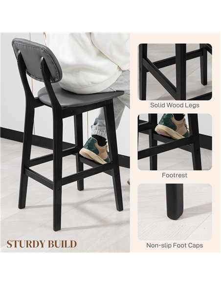 HOMCOM Bar Stools Set of 2, Breakfast Bar Chairs, PU Leather Upholstered Kitchen Stools with Backs, Footrests and Solid Wood Leg