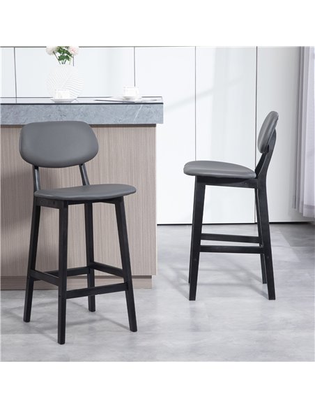 HOMCOM Bar Stools Set of 2, Breakfast Bar Chairs, PU Leather Upholstered Kitchen Stools with Backs, Footrests and Solid Wood Leg