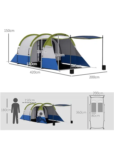 Outsunny Three Man Two-Room Tent, with Porch and Accessories - Green