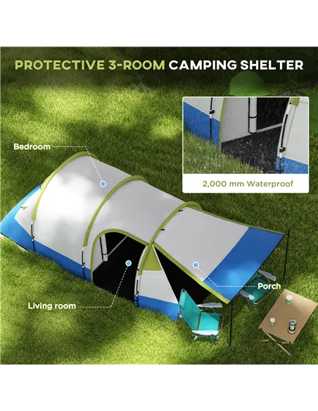 Outsunny Three Man Two-Room Tent, with Porch and Accessories - Green