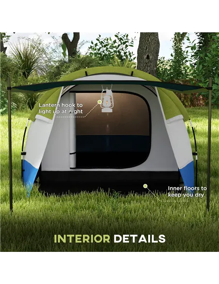 Outsunny Three Man Two-Room Tent, with Porch and Accessories - Green