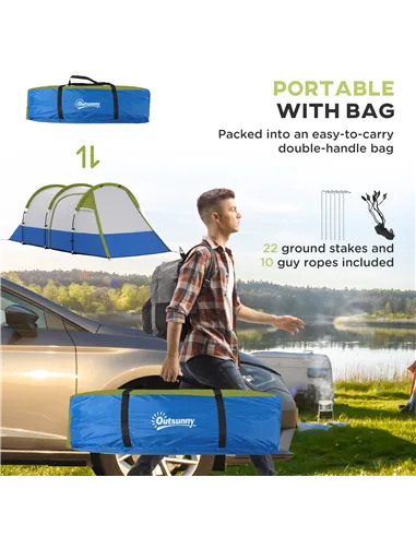 Outsunny Three Man Two-Room Tent, with Porch and Accessories - Green