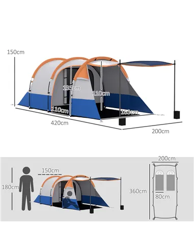 Outsunny Camping Tent, Large Tunnel Tent with Bedroom and Living Area, 2000mm Waterproof, Portable with Bag for 2-3 Man, Orange