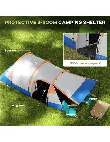 Outsunny Camping Tent, Large Tunnel Tent with Bedroom and Living Area, 2000mm Waterproof, Portable with Bag for 2-3 Man, Orange
