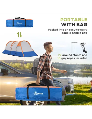 Outsunny Camping Tent, Large Tunnel Tent with Bedroom and Living Area, 2000mm Waterproof, Portable with Bag for 2-3 Man, Orange