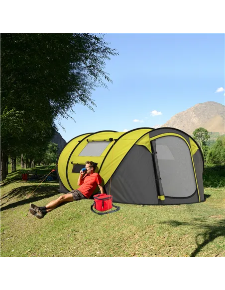 Outsunny 4 Person Pop-up Camping Tent Family Tent with Ground Sheet, 4 Windows and Portable Carry Bag for Beach Outdoor Trip, Ye