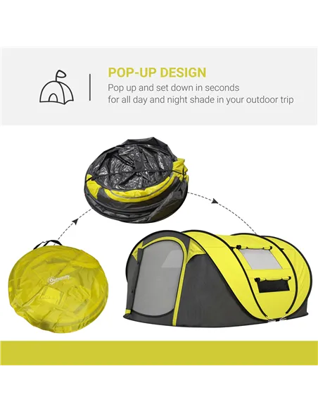 Outsunny 4 Person Pop-up Camping Tent Family Tent with Ground Sheet, 4 Windows and Portable Carry Bag for Beach Outdoor Trip, Ye