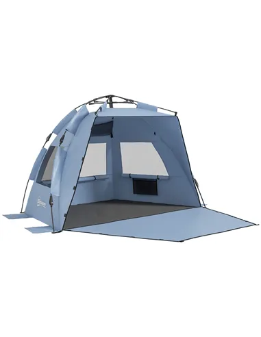 Outsunny 2-3 Person Pop Up Beach Tent, UPF15+ Sun Shelter with Extended Floor, Sandbags, Mesh Windows and Carry Bag, Light Blue