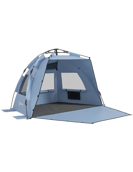 Outsunny 2-3 Person Pop Up Beach Tent, UPF15+ Sun Shelter with Extended Floor, Sandbags, Mesh Windows and Carry Bag, Light Blue