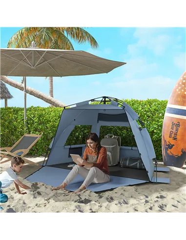 Outsunny 2-3 Person Pop Up Beach Tent, UPF15+ Sun Shelter with Extended Floor, Sandbags, Mesh Windows and Carry Bag, Light Blue