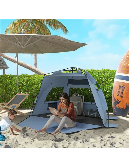 Outsunny 2-3 Person Pop Up Beach Tent, UPF15+ Sun Shelter with Extended Floor, Sandbags, Mesh Windows and Carry Bag, Light Blue
