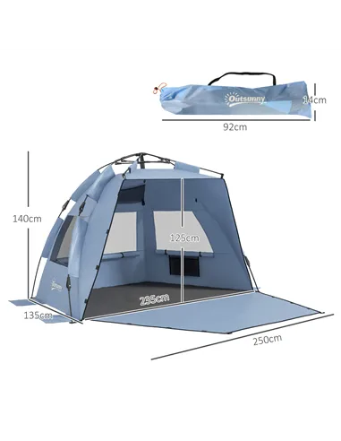Outsunny 2-3 Person Pop Up Beach Tent, UPF15+ Sun Shelter with Extended Floor, Sandbags, Mesh Windows and Carry Bag, Light Blue