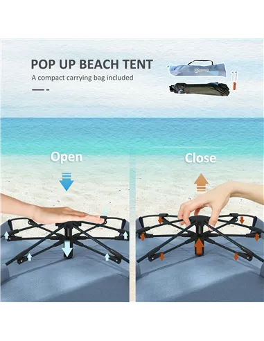 Outsunny 2-3 Person Pop Up Beach Tent, UPF15+ Sun Shelter with Extended Floor, Sandbags, Mesh Windows and Carry Bag, Light Blue
