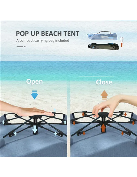 Outsunny 2-3 Person Pop Up Beach Tent, UPF15+ Sun Shelter with Extended Floor, Sandbags, Mesh Windows and Carry Bag, Light Blue
