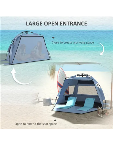 Outsunny 2-3 Person Pop Up Beach Tent, UPF15+ Sun Shelter with Extended Floor, Sandbags, Mesh Windows and Carry Bag, Light Blue