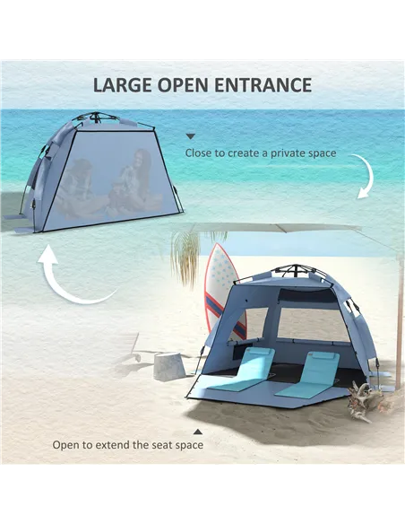 Outsunny 2-3 Person Pop Up Beach Tent, UPF15+ Sun Shelter with Extended Floor, Sandbags, Mesh Windows and Carry Bag, Light Blue