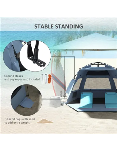Outsunny 2-3 Person Pop Up Beach Tent, UPF15+ Sun Shelter with Extended Floor, Sandbags, Mesh Windows and Carry Bag, Light Blue