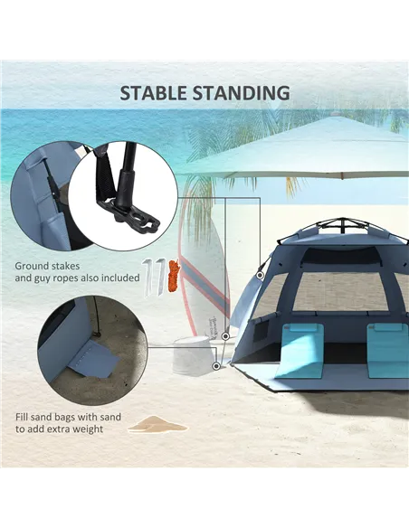 Outsunny 2-3 Person Pop Up Beach Tent, UPF15+ Sun Shelter with Extended Floor, Sandbags, Mesh Windows and Carry Bag, Light Blue