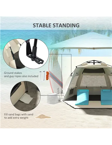 Outsunny Three-Man UPF15+ Beach Tent, with Extended Floor - Green