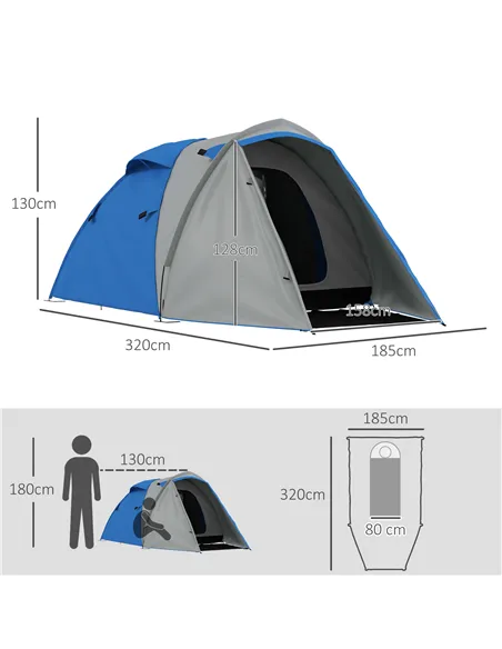 Outsunny Two-Man Dome Tent, with Front Porch and Accessories - Blue/Grey