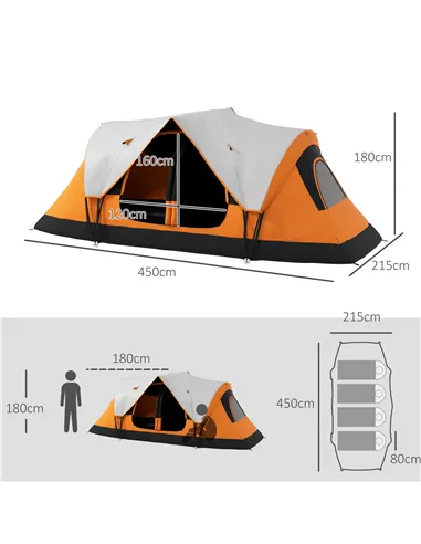 Outsunny Six-Man Tent, with Two Rooms, Small Rainfly and Accessories - Orange