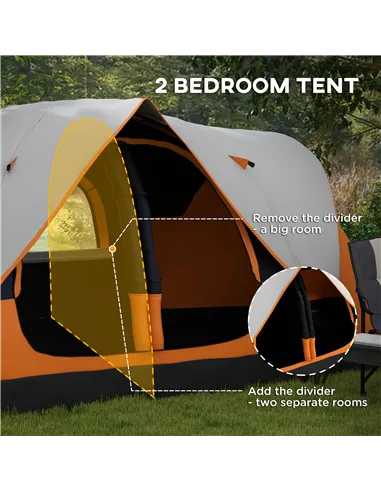 Outsunny Six-Man Tent, with Two Rooms, Small Rainfly and Accessories - Orange