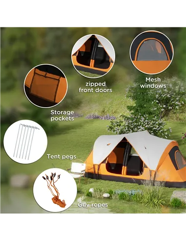 Outsunny Six-Man Tent, with Two Rooms, Small Rainfly and Accessories - Orange