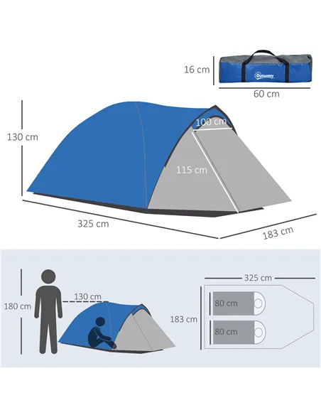 Outsunny Two-Man Dome Tent, with Front Vestibule - Blue/Grey