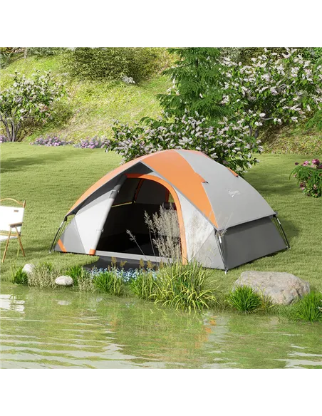 Outsunny Two Man Single Room Dome Tent, with Accessories - Orange/Grey