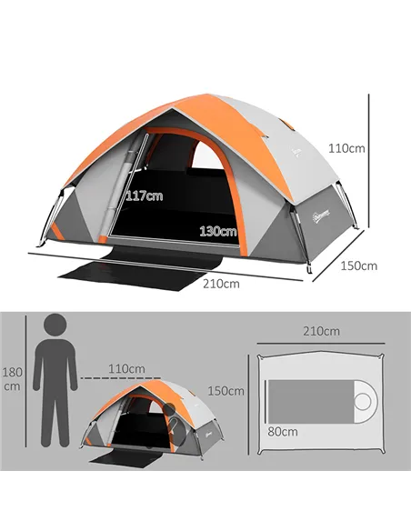 Outsunny Two Man Single Room Dome Tent, with Accessories - Orange/Grey
