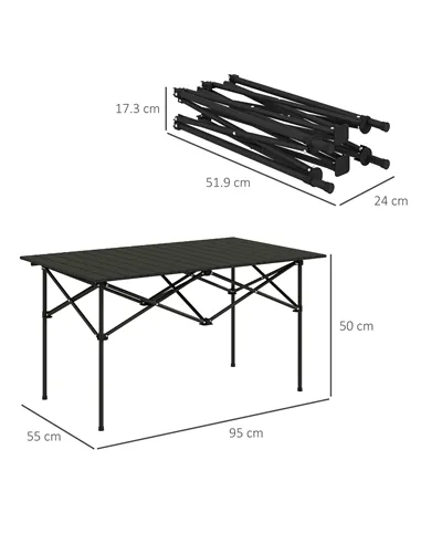 Outsunny Two-Seater Portable Aluminium Table, with Roll-Up Tabletop and Bag - Black