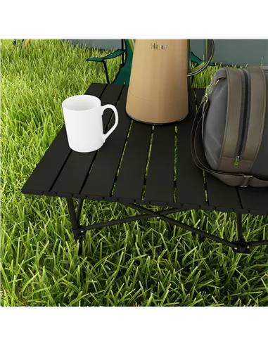Outsunny Two-Seater Portable Aluminium Table, with Roll-Up Tabletop and Bag - Black