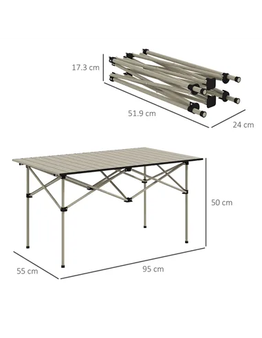 Outsunny Two-Seater Portable Aluminium Table, with Roll-Up Tabletop and Bag - Khaki