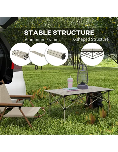 Outsunny Two-Seater Portable Aluminium Table, with Roll-Up Tabletop and Bag - Khaki
