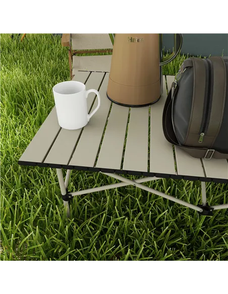 Outsunny Two-Seater Portable Aluminium Table, with Roll-Up Tabletop and Bag - Khaki