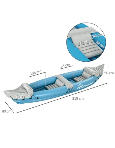 Outsunny Inflatable Kayak, Two-Person Inflatable Canoe Boat Set with Air Pump, Aluminium Oars, 318 x 80 x 50cm - Blue