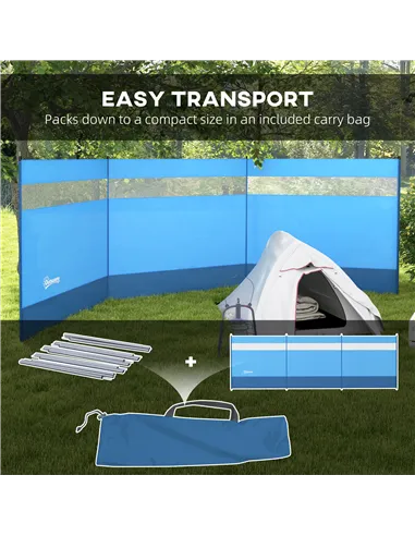 Outsunny Camping Windbreaker with Clear Windows, Carry Bag and Steel Poles, for Beach Caravan Campervan, 440 x 140cm, Blue