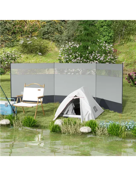 Outsunny Camping Windbreaker with Clear Windows, Carry Bag and Steel Poles, for Beach Caravan Campervan, 440 x 140cm, Grey